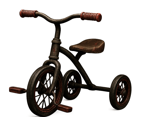 Rusty old tricycle with worn red handles and seat, placed in a dark, Saw-style horror escape room called The Madman’s Playroom.