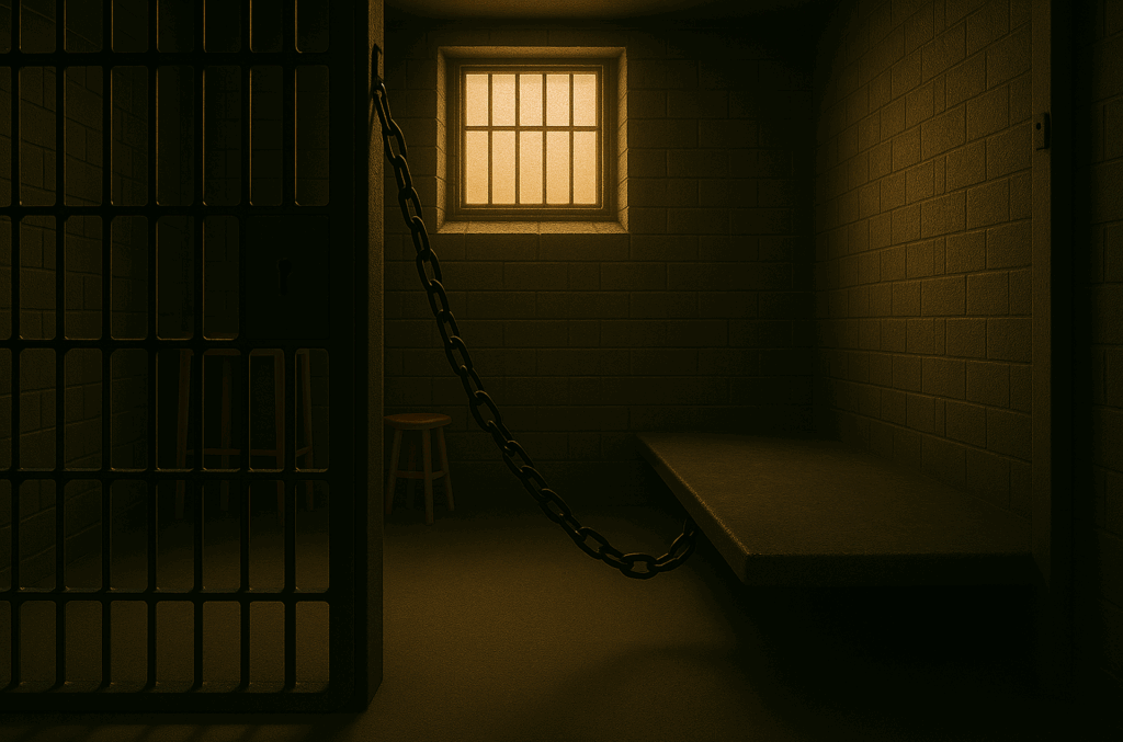 Dimly lit prison escape room with a metal bed, barred window, and heavy chain connecting the wall to the cell door — part of the family friendly Jailbreak escape room.