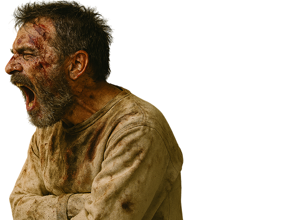 Disheveled man in a dirty shirt screaming in distress — character from a scary insane asylum themed horror escape room.