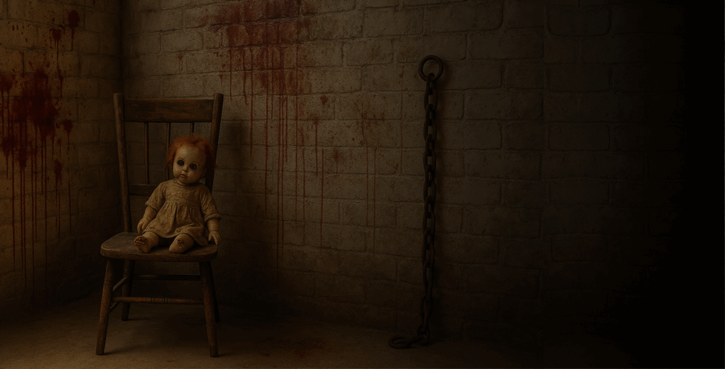 Old porcelain doll with red hair sitting on a worn wooden chair in a dark, blood-stained brick room with a rusty chain hanging on the wall — part of a Saw-style horror escape room called The Madman’s Playroom.