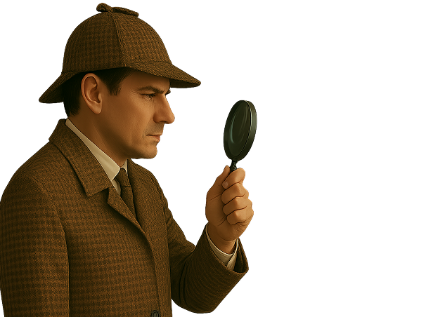 Detective in a brown tweed coat and deerstalker hat examining something through a magnifying glass — character from the Sherlock Holmes style detective escape room.