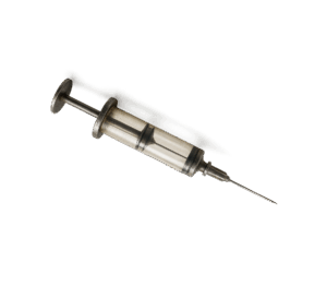 Metal syringe prop from the Insane Asylum horror escape room.