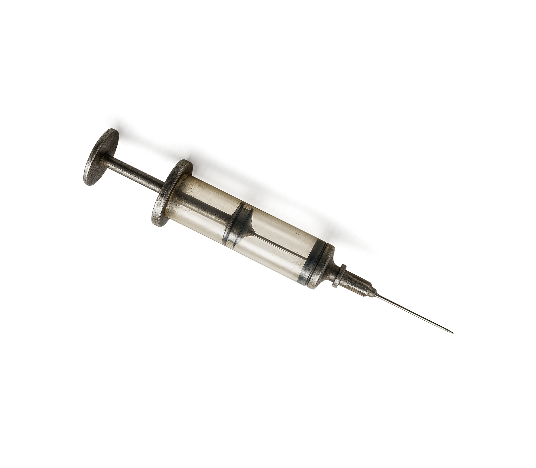 Metal syringe prop from the Insane Asylum horror escape room.