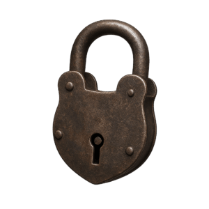 Rusty padlock decoration from The Madman’s Playroom escape room.