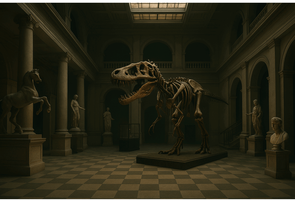 Dimly lit museum hall with a giant dinosaur skeleton, marble statues, and classical columns — part of the family friendly Lost in the Museum escape room adventure.