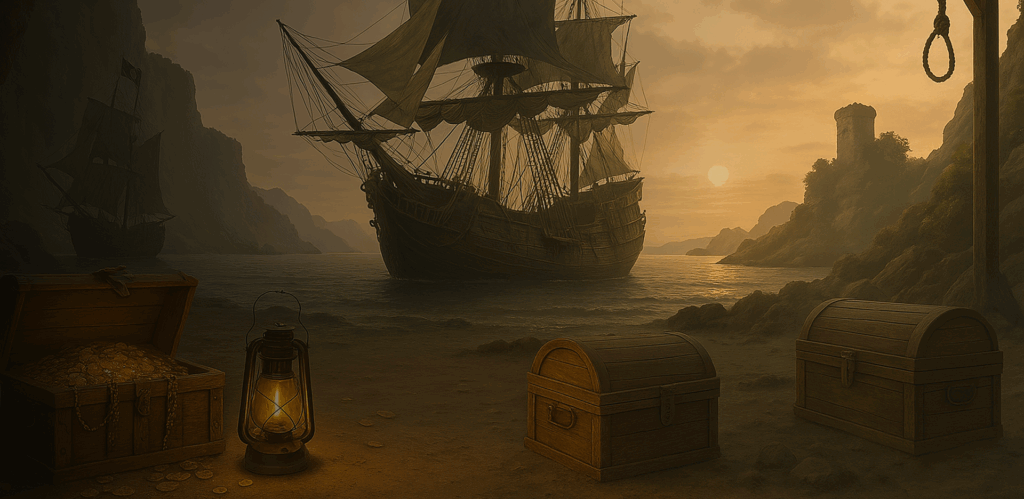Sunset seashore with an old pirate ship, treasure chests, gold coins, and a lantern — part of the family friendly Pirates of Tortuga escape room adventure.