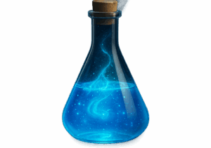 Glowing blue potion bottle decoration from the family friendly Wizard Trial’s escape room.