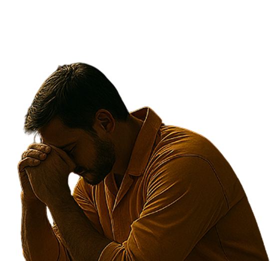 Man in an orange prison uniform sitting with clasped hands, looking desperate — character from the family friendly Jailbreak escape room.