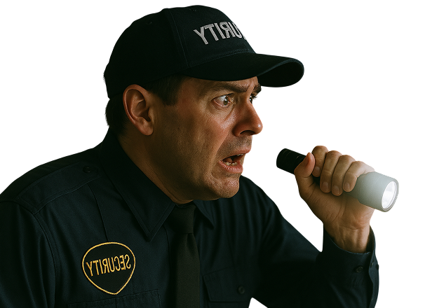 Security guard holding a flashlight, looking surprised in the dark — character from the family friendly Lost in the Museum escape room.