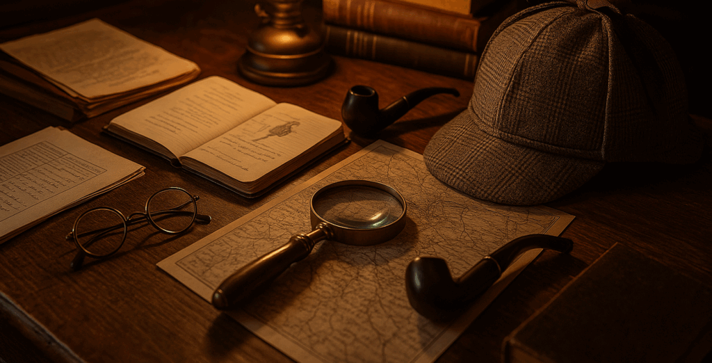 Sherlock Holmes style family friendly detective escape room scene with a magnifying glass, deerstalker hat, smoking pipes, old books, handwritten notes, and a lit oil lamp on a wooden desk.