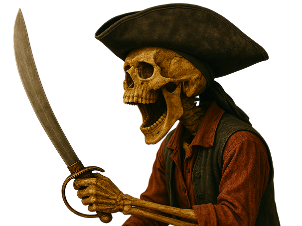 Skeleton pirate wearing a tricorn hat and red shirt, holding a sword and shouting — character from the family friendly Pirates of Tortuga escape room.