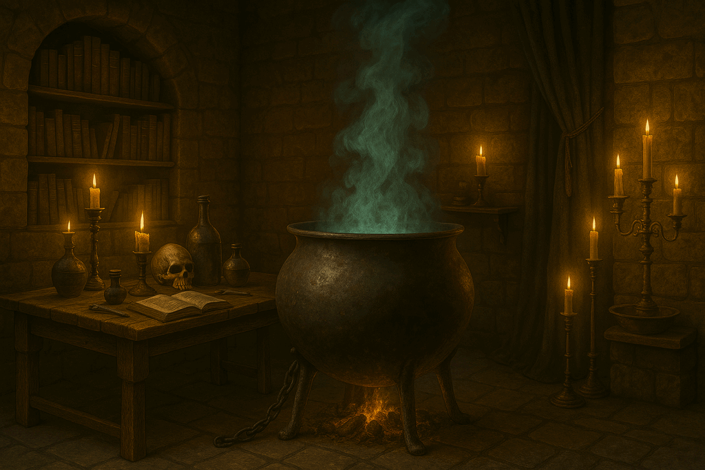 Wizard Trial’s escape room with a glowing cauldron, candles, potions, and spell books in a magical setting — a Harry Potter style, family friendly wizard adventure.