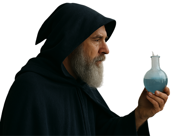 Elderly wizard in a dark cloak holding a glowing blue potion — character from the family friendly Harry Potter style escape room Wizard Trial’s.